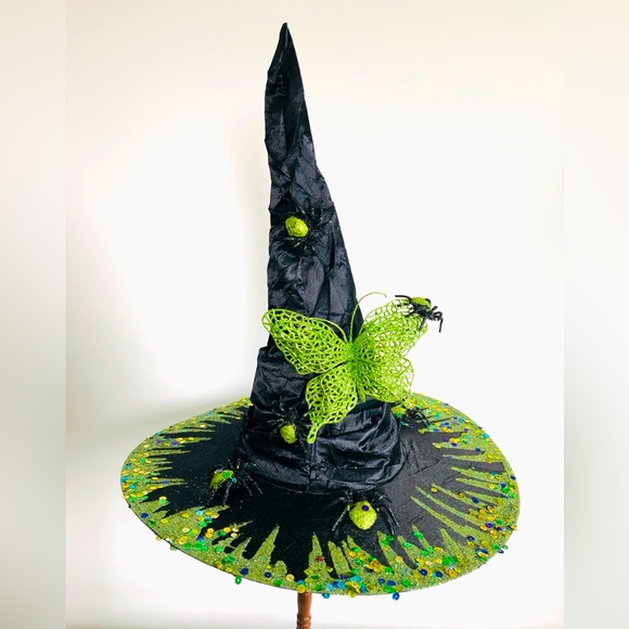 Witch hat, black satin Green sparkles, extra large, green butterfly & spiders OS - Picture 4 of 15